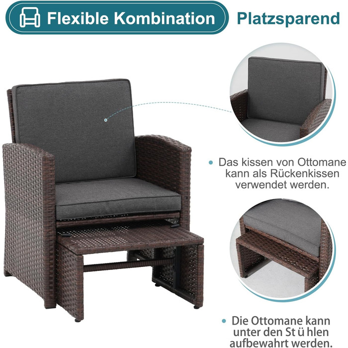 Садовий набір меблів з ротангу OC Orange-Casual 5 предметів: диван, крісла, столик, пуфи, подушки - темно-сірий