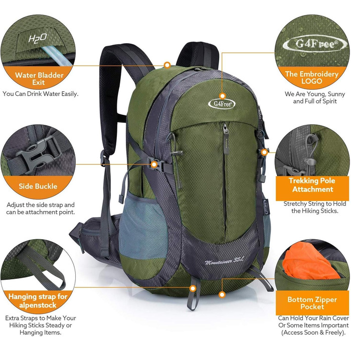 Водонепроникний туристичний рюкзак з чохлом від дощу Відкритий рюкзак Трекінгові рюкзаки для кемпінгу походів і скелелазіння (армійський зелений), 4Free 35L