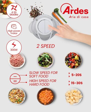 Електричний подрібнювач Ardes ARCHOP01 з 4 сталевими лезами, 300 Вт, 2 швидкості, скляна чаша