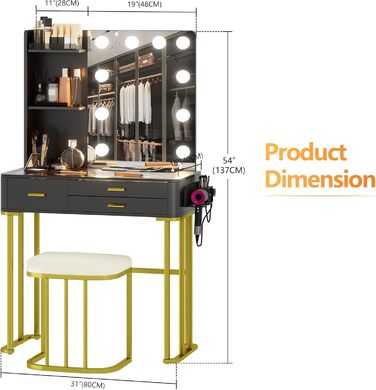 Трюмо Lvifur з дзеркалом у стилі Голлівуд, 10 регульованих лампочок, пуф, ящик, станція зарядки, USB-порт, чорний колір
