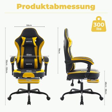 Ігрове крісло WOTSTA з підніжкою: ергономічний офісний стілець для комп'ютера з підтримкою попереку (синьо-бежевий/чорно-жовтий)