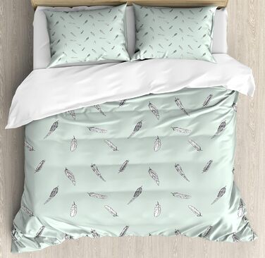Мінімалістичний набір підковдр для односпальних ліжок, абстрактний ескіз пір'я, захист від кліщів для алергіків, що підходить для наволочки, (200 x 200 см - 70 x 50 см, м'ятно-зелений блідо-сірий)