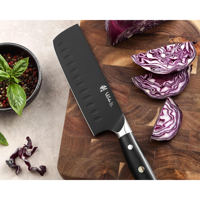 Набір кухонних ножів Wakoli Titanium Noir (5 предметів) з бруском - професійний набір ножів з титанового покриття, нержавіюча сталь, чорний, магнітний брусок, Nakiri