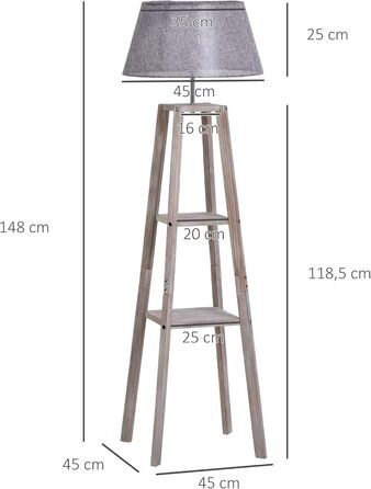 Торшер з полицею HOMCOM, Скандинавський, Льон, Соснове дерево, Натуральний/Сірий, 45x45x148 см