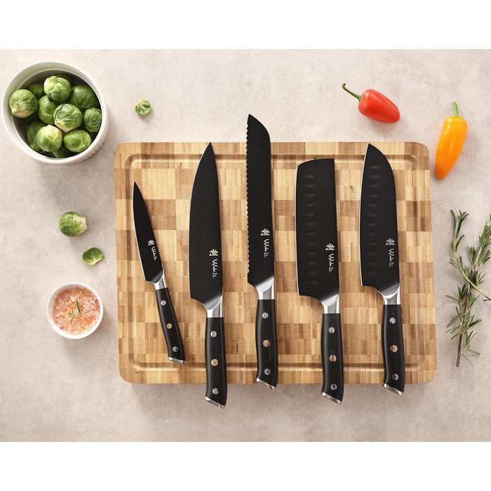 Набір кухонних ножів Wakoli Titanium Noir (5 предметів) з бруском - професійний набір кухонних ножів з титанового покриття, нержавіюча сталь, чорний колір, магнітний бруск