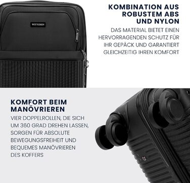 Набір валізWITTCHEN AXIS 3 шт. | Чемодани ручної/переносної розмірності M, L | Гібрид ABS Nylon з кишенями на блискавці, TSA-замок, телескопічна ручка, 360° колеса, легкі, чорні (55 x 37 x 21,5 см)