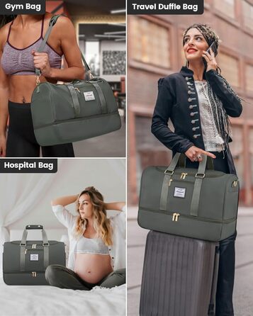 Спортивна сумка LOVEVOOK для жінок: дорожня сумка, weekender, з косметичкою, відділенням для взуття та мокрих речей, водонепроникна пляжна/басейнова/сауна сумка, ручна поклажа для подорожей, зелена