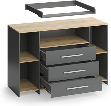 Комод-ліжко Vicco Oskar з приставкою-ліжком, сірий, 143 x 100 см XL з шухлядами, білий/сірий (антрацит/золотий дуб)