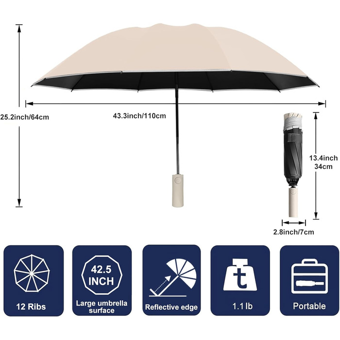 Автоматична парасолька KunpengZen Stormproof Stormproof, 12 ребер, складна, світловідбиваюча, водонепроникна (біла)