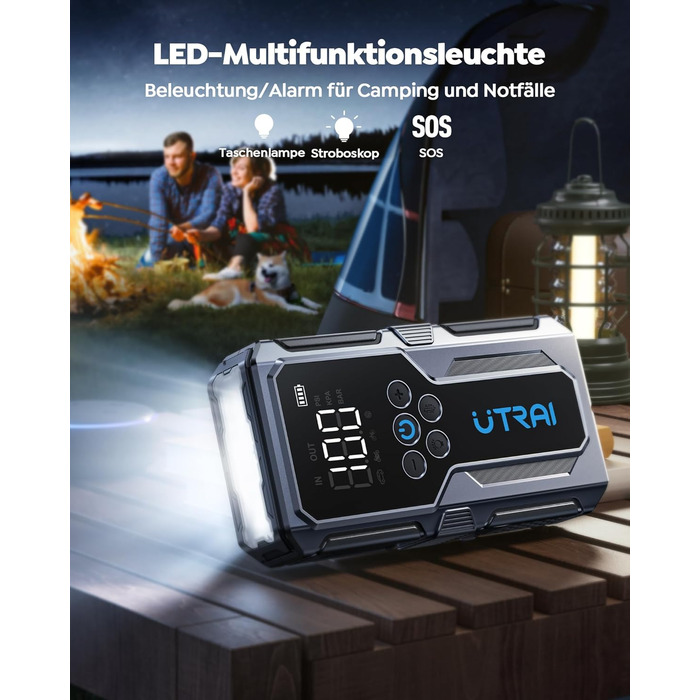 Powerbank-пусковий пристрій UTRAI для автомобіля: 4500A, компресор 150PSI, швидка зарядка 18W, ліхтарик, 8.5L бензин/6.5L дизель