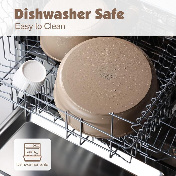 Набір посуду SENSARTE з керамічним покриттям, 17 предметів. Антипригарне покриття, знімні ручки, підходить для всіх типів плит, безпечний для миття в посудомийній машині та духовки. Без PFAS, PTFE, PFOA, PFOS (Бежевий)