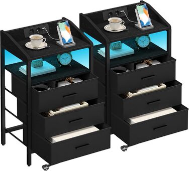 Набір приліжкових тумбочок Hzuaneri 2 шт. з LED-підсвічуванням, зарядкою USB та 3 висувними ящиками, для спальні/вітальні, чорний (NS35504B)