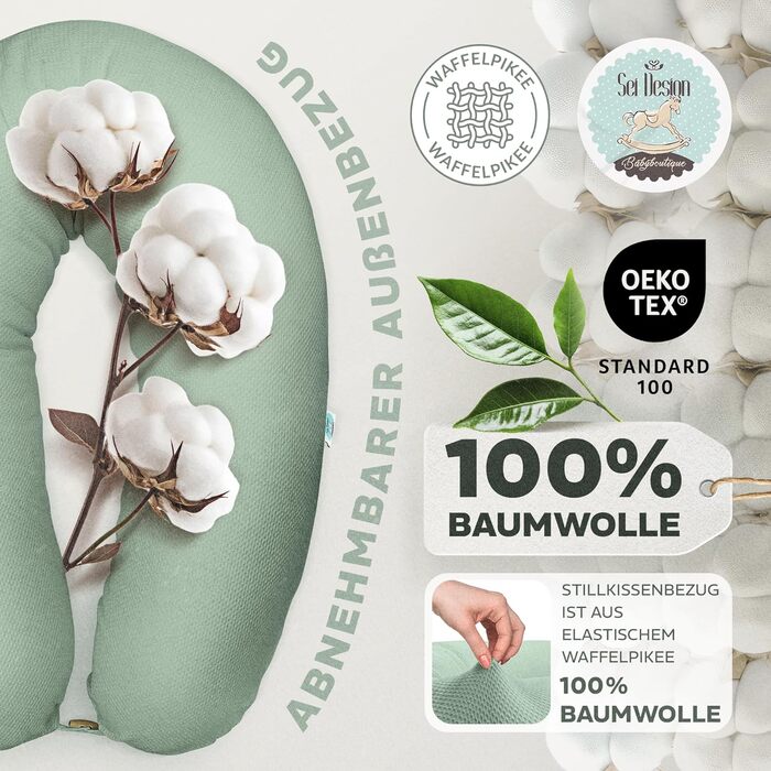 Подушка для вагітних та годування sei Design XXL 190x35 см, ергономічна подушка для сну з чохлом з органічної бавовни муслін (м'ятна)