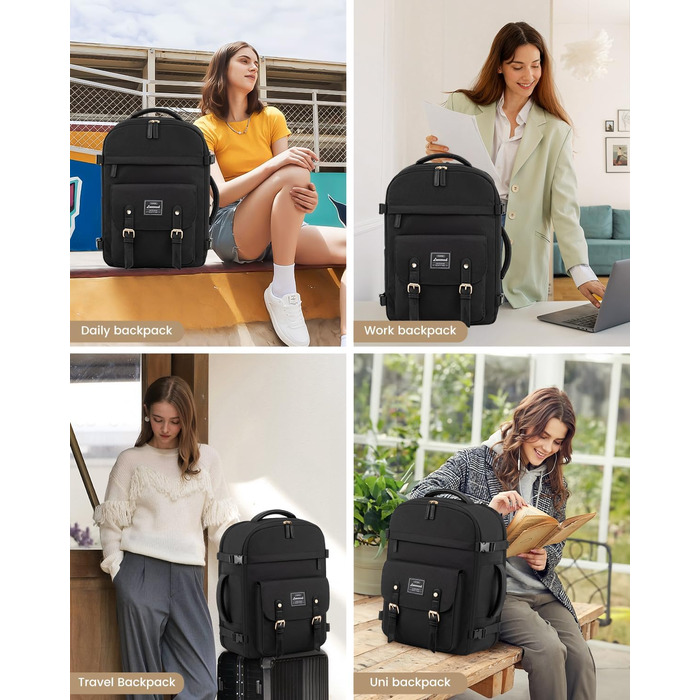 LOVEVOOK Рюкзак для ручної поклажі, жіночий рюкзак для подорожей, водонепроникний рюкзак для ноутбука 17 дюймів, шкільний рюкзак для жінок/студенток, чорний/коричневий (45x32x15 см)