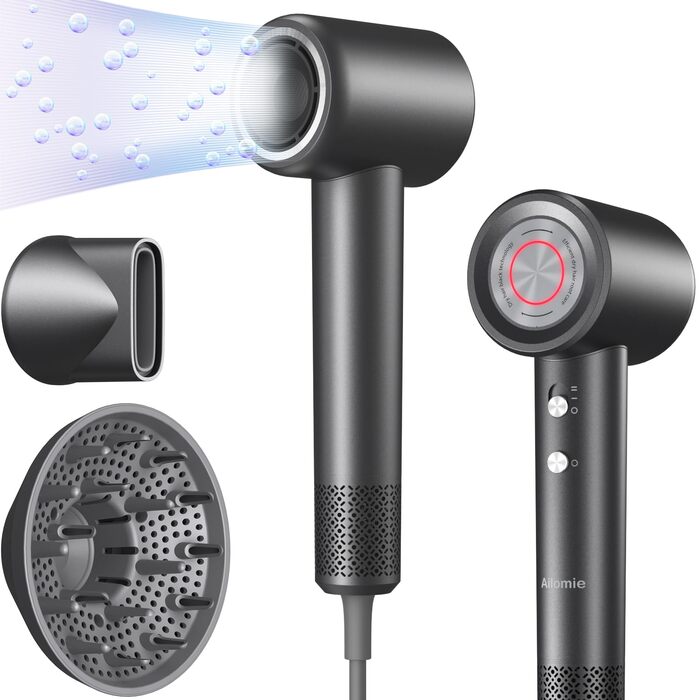 Професійний фен для волосся 1600W з безщітковим двигуном 110,000 об/хв, 200 млн іонів та дифузором, компактний дорожній фен, сірий