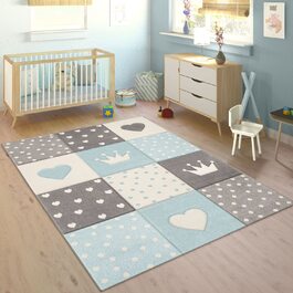 Дитячий килим килим Дитяча кімната пастельний 3D ефект точки серця зірки сірий, Розмір (240x340 см, синій)