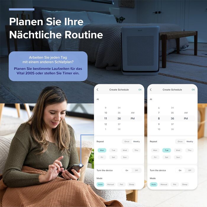 Повітряочищувач LEVOIT з HEPA-фільтром: для дому, від грибка, пилу, алергенів та запахів, з керуванням через додаток, таймером, нічним режимом та світлом, матовий білий