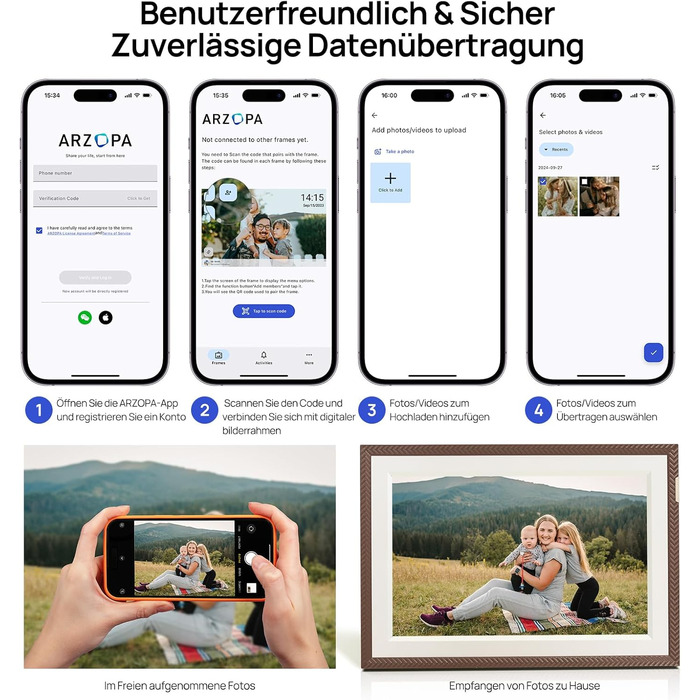 Цифровий фоторамка ARZOPA 15.6 дюймів з безлімітним хмарним сховищем, віддаленою передачею фото та відео, FHD сенсорним екраном. Ідеальний подарунок! Модель D15 (Коричневий)