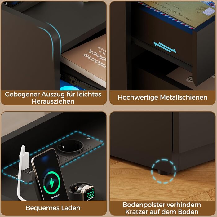 Нічний столик BEWISHOME 2 шт., з прихованою поличкою та розеткою, з функцією зарядки, для вітальні та спальні (чорний) EFCG02B