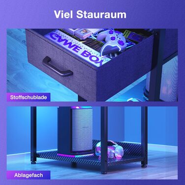 Ігровий стіл Coleshome з LED-підсвічуванням 120x48 см, з шухлядами та полицею, з підставкою для навушників, карбонове покриття чорного кольору