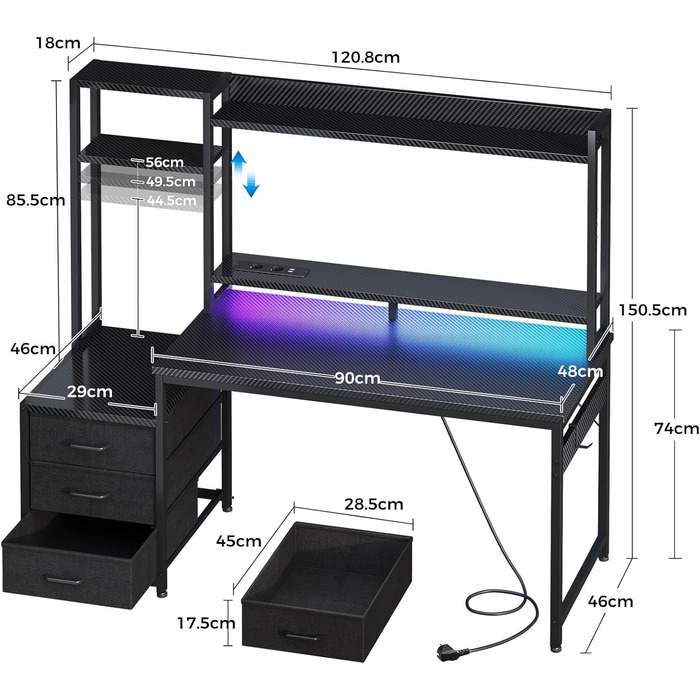 Ігровий стіл Coleshome з полицею та шухлядами, 137x48 см. Стіл для геймінгу з LED-підсвічуванням та розеткою, комп'ютерний стіл з місцями для зберігання та підставкою для монітора.