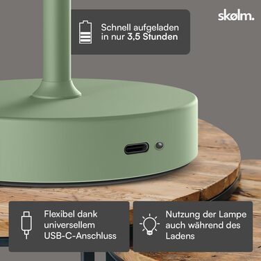 LED настільна лампа Skølm Aeriala: регульоване світло, USB-C зарядка, до 10 годин роботи, металева, тепле біле світло, енергоефективність G (м'ятно-зелена)
