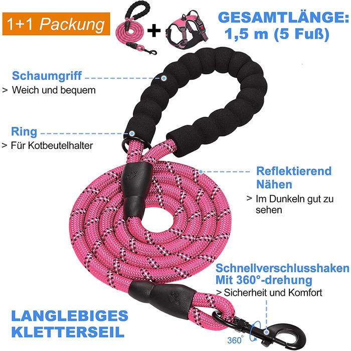 Шлейки для собак haapaw без тяги, регульовані, світловідбиваючі, оксфордські, легке управління, середня шлейки для собак з вільним, міцним повідцем для собак S (1 упаковка) рожевий