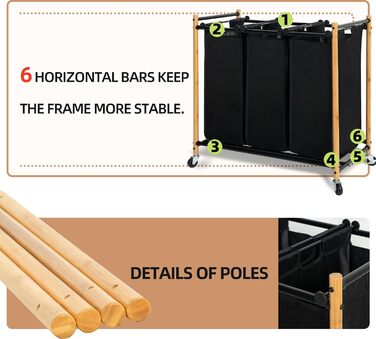 Сортувальник для білизни Storage Maniac з 3 відділеннями, 136 л, з міцними колесами, знімні кишені, бамбук