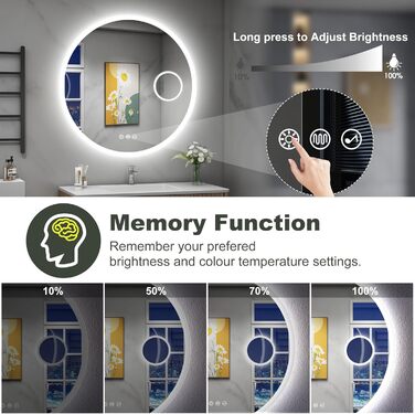 Дзеркало для ванної кімнати S'bagno Runder з підсвічуванням 60 см, з функцією запобігання запотіванню, 3 колірні температури, регулювання яскравості, HD скло, функція пам'яті, IP44, Bluetooth, 5-кратна лупа