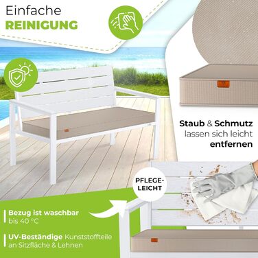 Кесер® Садова лавка з подушками – вулична лавка, стійка до погодних умов, 2 місця, паркова лавка з дизайном під дерево, для балкону, саду, тераси, вантажопідйомність до 300 кг, стійка до УФ-випромінювання, знімний та пральний чохол для подушки (білий / бі