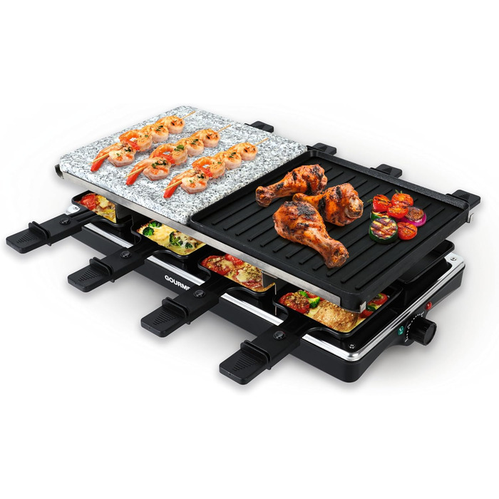 GOURMETmaxx Raclette з Фондю 2-в-1 | Набір для 8 осіб – ідеальний для вечірок | Ракле-фондю комбінація з 8 сковородами, лопатками та виделкою