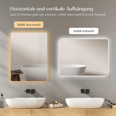 Дзеркало для ванної кімнати EMKE з підсвічуванням 40x60 см, антизапар, 2 кольори світла (тепле/холодне), вимикач-рейка, IP44, енергозберігаюче, захищене від вибуху