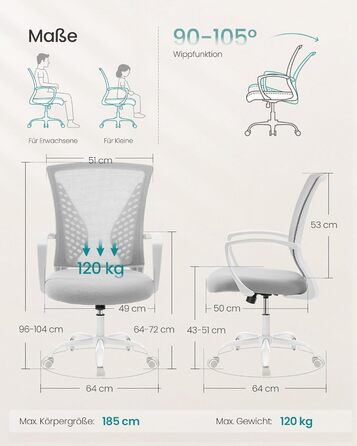 Офісне крісло SONGMICS ергономічне сітчасте, стілець для комп'ютера з регулюванням висоти та функцією гойдання, дихаюча оббивка, до 120 кг, сіро-голубий (OBN022GD01)