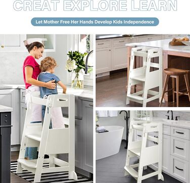 TOETOL Стілець-підставкою для малюків з бамбука, 3 положення по висоті, для кухні, ванної кімнати, антиковзаюча поверхня (слонова кістка)