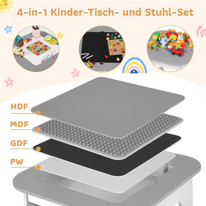 Дитячий стіл та стільці Clevich - комплект для дитячої кімнати (сірий), з місцем для зберігання та дошкою для малювання