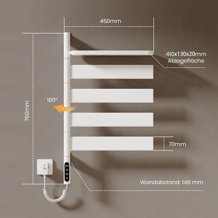 Електричний сушильник для рушників EMKE 180° з полицею, Wi-Fi, 120W, 760x450 мм, білий