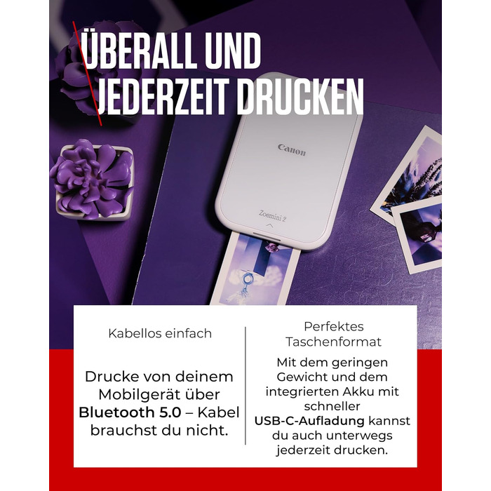 Canon Zoemini 2 Perlweiß: Міні-фотопринтер для смартфонів та планшетів | Модель для подорожей | Комплект друку