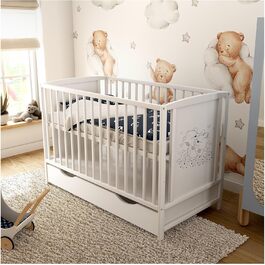 Дитяче ліжко Baby Delux 60x120 см біле, мотив ведмедя, з ящиком і матрацом