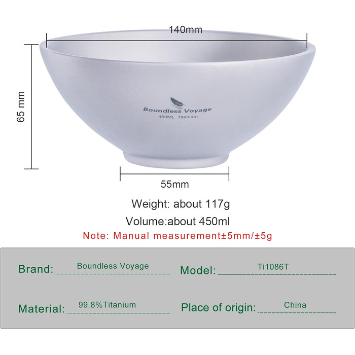 Безмежна миска Voyage Titanium з подвійними стінками для дорослих дітей Посуд для кемпінгу на відкритому повітрі Відкрита миска Титанова миска для рису (450 мл-TI15148B.)