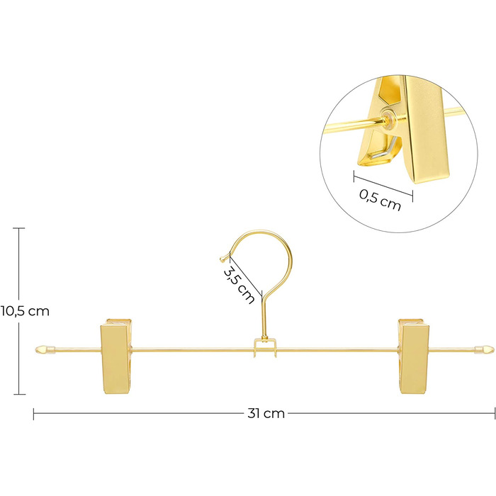 Вішалки для штанів SONGMICS, 10 шт. , 31 см, нековзні затискачі, поворотні, компактні, стійкі до іржі, золоті CRI046G01