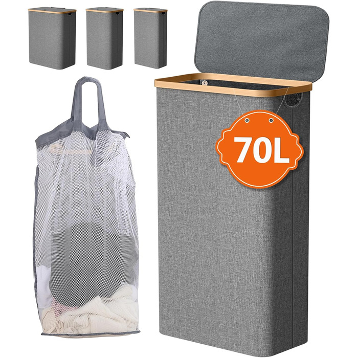 Кошик для білизни з кришкою 70л, вузький, з бамбуковими ручками та внутрішньою кишенею, складний, портативний, для пральні, йоги, темно-сірий 70л