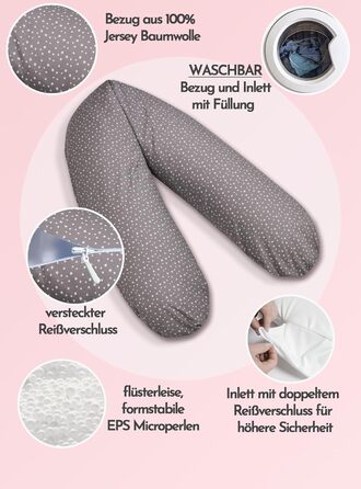 Подушка для вагітних Bear Classic 190 см, анатомічна подушка для сну та підтримки з 100% бавовняного джерсі, сіра з зірками