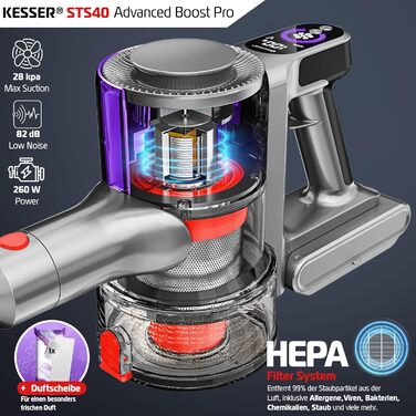 Бездротовий акумуляторний пилосос KESSER® з LED дисплеєм, до 60 хв роботи, тихий, без мішка, з антизаплутуючою насадкою, HEPA фільтром, аромакапсулою (чорний/сірий)