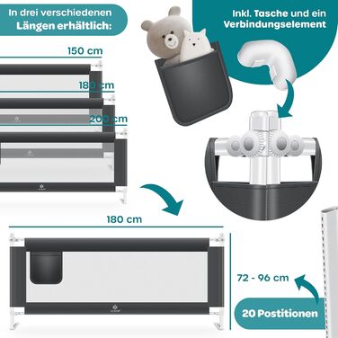 Захисний бортик для ліжка KESSER 180 см сірий: сітка, складаний, регульований, захист від випадання для дітей та малюків