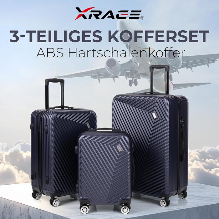 xRace Набір валіз 3 шт. ABS, 20/24/28 дюймів, ручна поклажа, TSA замок, 360° колеса, стійкий до ударів, преміум підкладка (Морська синя)