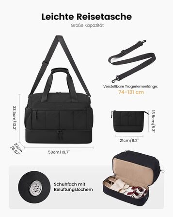 Сумка-валіза LOVEVOOK для жінок, легка, на вихідні, ручна поклажа, спортивна сумка-дуffel, водонепроникна, з відділенням для взуття (чорна, L-37л)