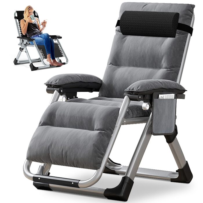 Шезлонг для відпочинку, розкладний, 200 кг, Zero Gravity, з подушкою, підстаканником, широкий, регульований, для саду, патіо, пляжу, басейну, сірий