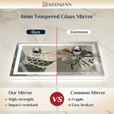 Дзеркало для ванної кімнати Keonjinn з підсвічуванням 50x70 см, без запотівання, LED, сенсорне керування, 3 кольори, регулювання яскравості, пам'ять, без рамки