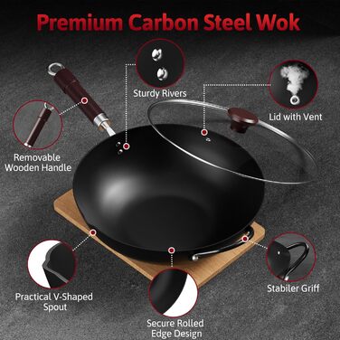 Вок Jobin 32 см з вуглецевої сталі з кришкою, дерев'яним та сталевим ручками, для приготування азійських страв (3-5 осіб), сумісний з Induktion, електро та газовими плитами - Чорний