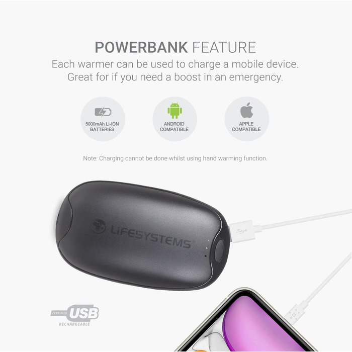 Грілки для рук LifeSystems Twin-Pack з Power Bank (2x5000mAh), USB/USB-C, 3 режими нагріву, до 9 годин